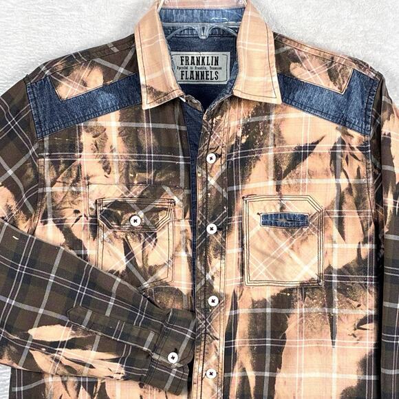 Franklin Flannels Men M Brown Plaid Bleach Upcycled Grunge Outdoor Flannel Shirt - Picture 1 of 8